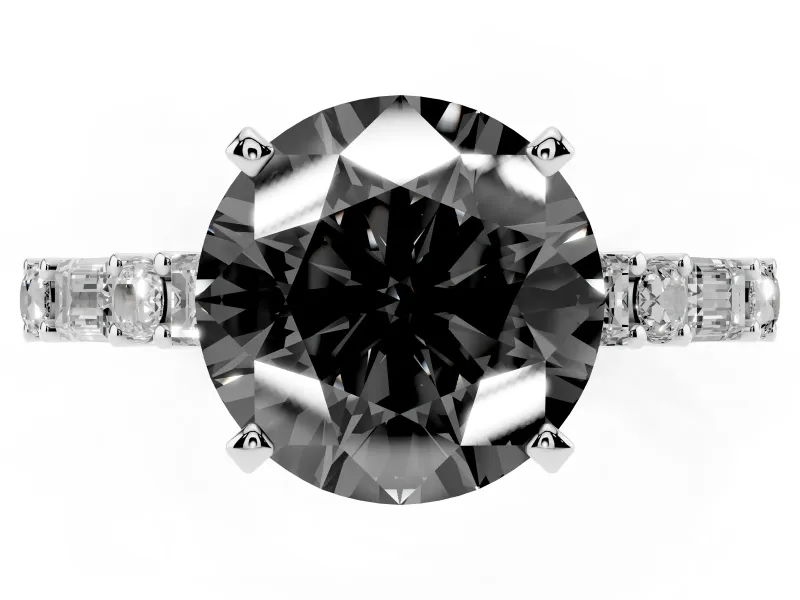 Fancy Black Round Cut Diamond Solitaire Set in Silver with Side Baguettes and Channel Set Band