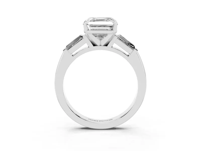 Asscher Cut Diamond Solitaire Ring Set in Silver with Tapered Baguette Side Stones and Prong Setting