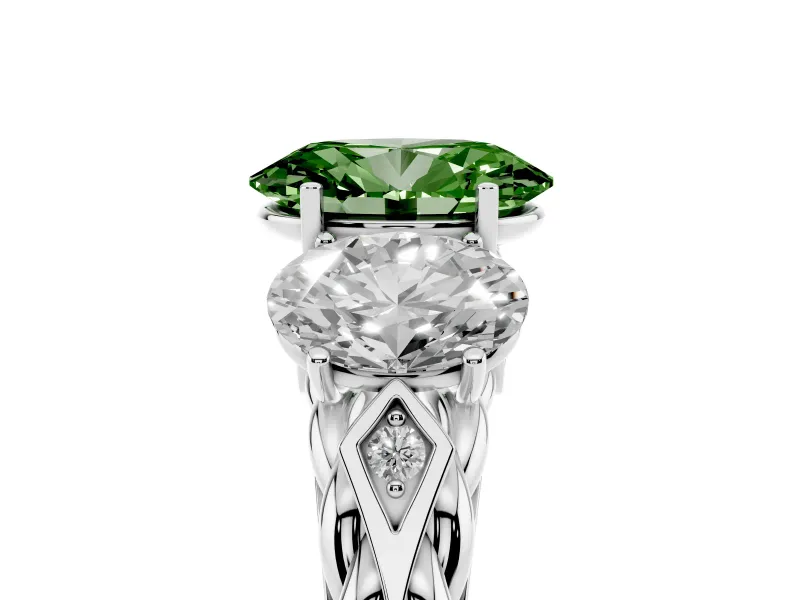 Fancy Green Oval Cut Diamond Three-Stone Ring Set in Silver with Braided Band