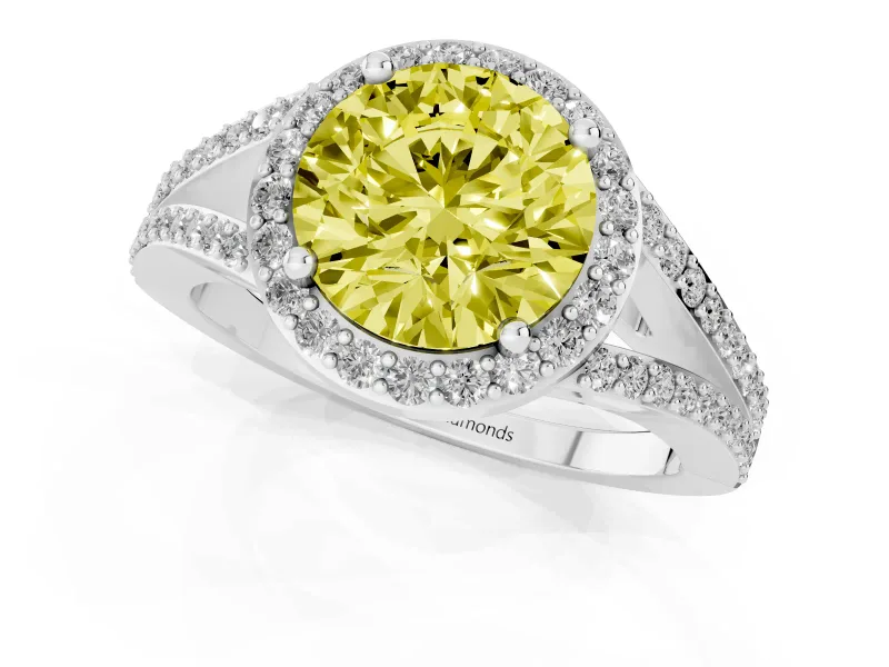 Round Halo Engagement Ring Setting for a Fancy Yellow Lab-Grown Diamond | Pave Split Shank | Platinum
