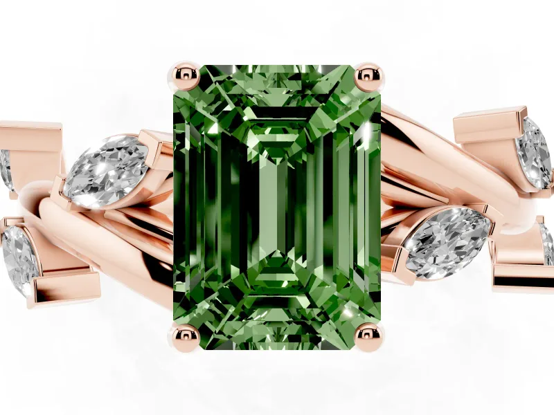 Fancy Green Emerald Cut Diamond Solitaire Ring Set in Rose gold with Twisted Marquise Accent Band
