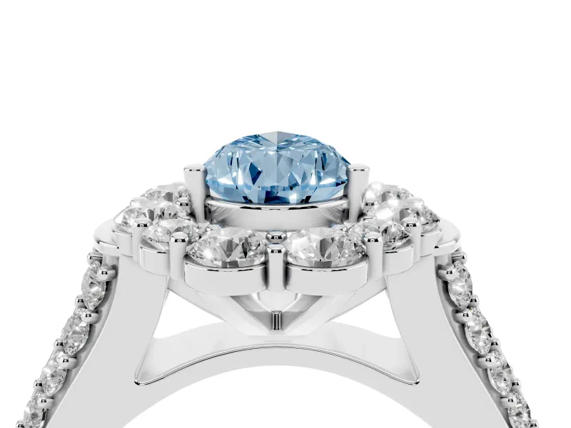 Fancy Blue Pear Cut Diamond Halo Engagement Ring Set in White gold with Split Shank and Prong Setting