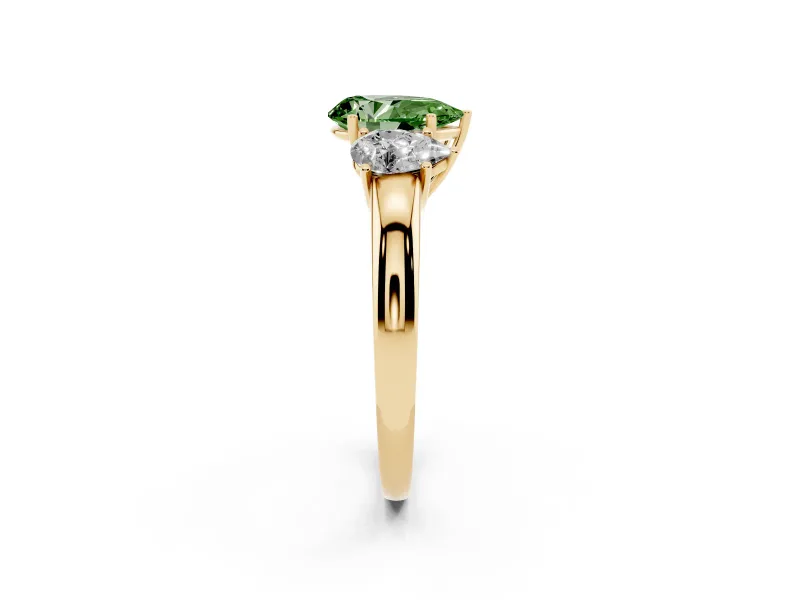 Pear-Shaped Three Stone Engagement Ring Setting for a Fancy Green Lab-Grown Diamond | Matching Side Stones | Yellow Gold