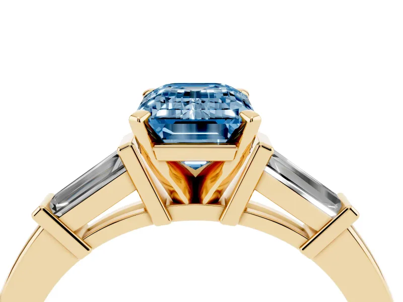 Emerald Cut Three-Stone Engagement Ring Setting for a Fancy Blue Lab-Grown Diamond | Tapered Baguettes | Yellow Gold