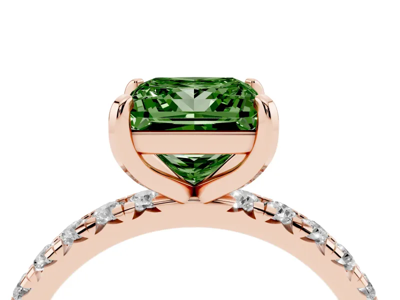 Fancy Green Princess Cut Diamond Pavé Solitaire Ring Set in Rose gold with Round Band and Prong Setting