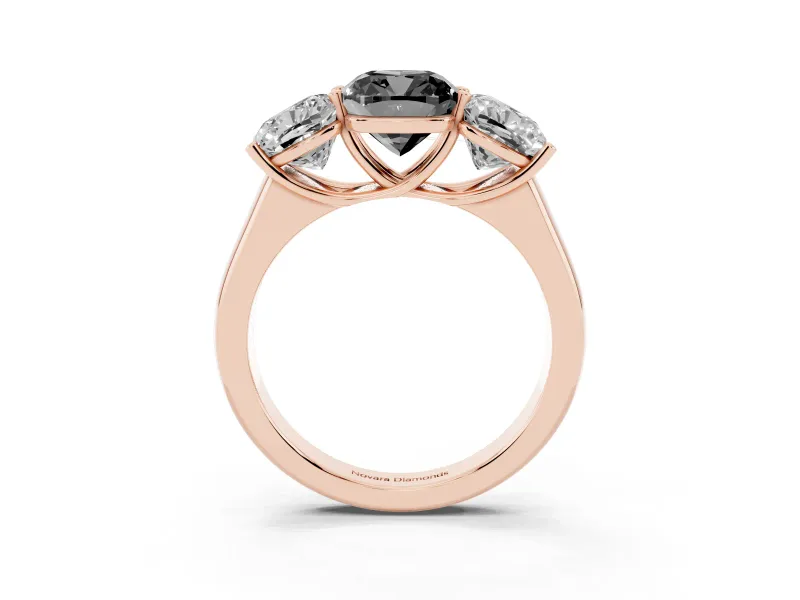 Cushion Cut Three Stone Engagement Ring Setting for a Black Center | Basket Prong Heads | Rose Gold