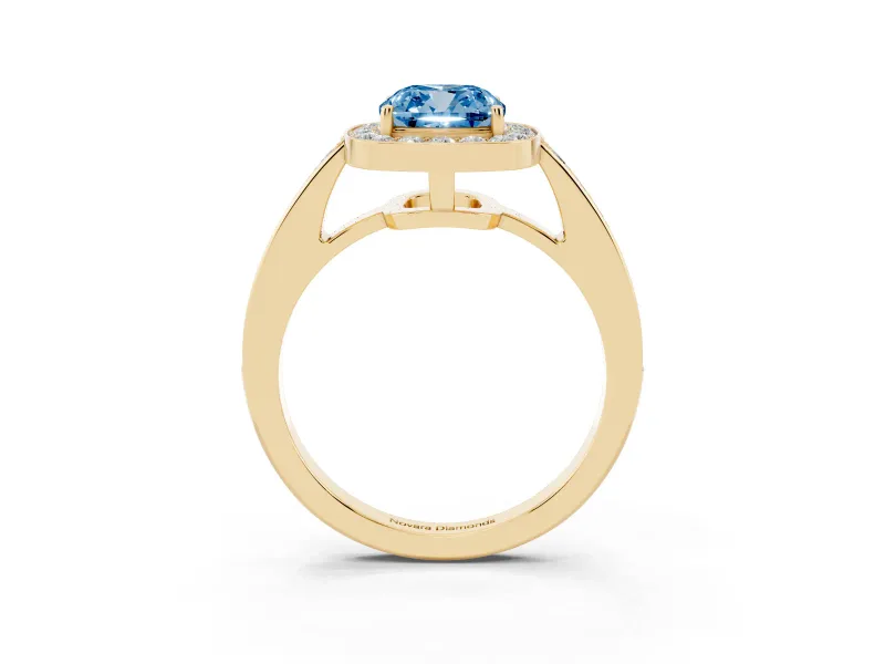 Fancy Blue Cushion Cut Diamond Halo Pavé Engagement Ring Set in Yellow gold with Bezel Setting