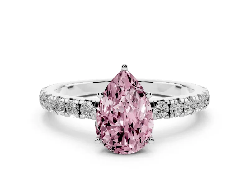 Fancy Pink Pear Cut Diamond Pavé Solitaire Engagement Ring Set in Silver with Prong Setting