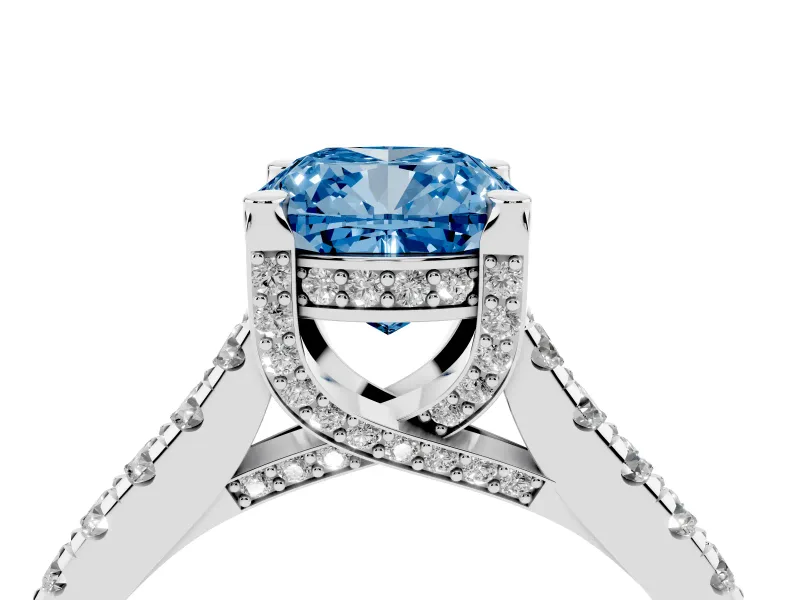 Cushion Cut Hidden Halo Pave Engagement Ring Setting for a Fancy Blue Lab-Grown Diamond | Claw Prongs | Platinum