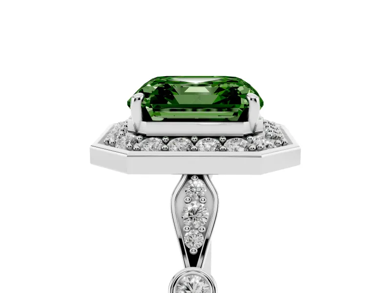 Asscher Cut Halo Engagement Ring Setting for a Fancy Green Lab-Grown Diamond | Bezel Station Shoulders | Platinum
