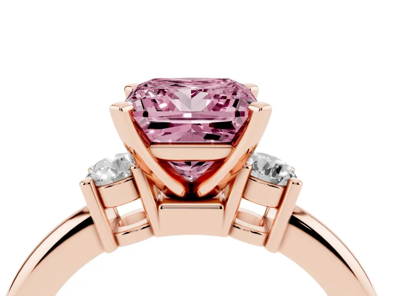 Fancy Pink Three-Stone Princess Cut Diamond Ring Set in Rose gold with Prong Setting and Plain Band