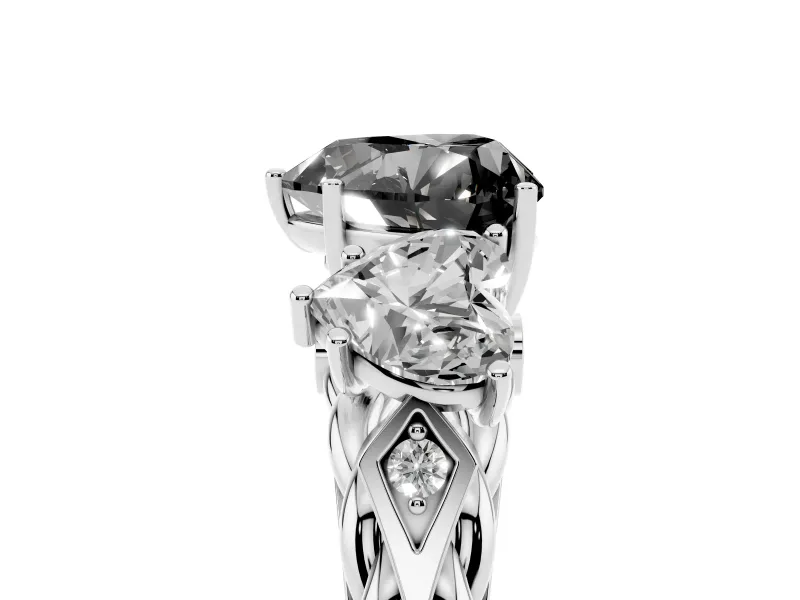 Heart-Shaped Three Stone Engagement Ring Setting for a Black Center | Braided Band | Platinum
