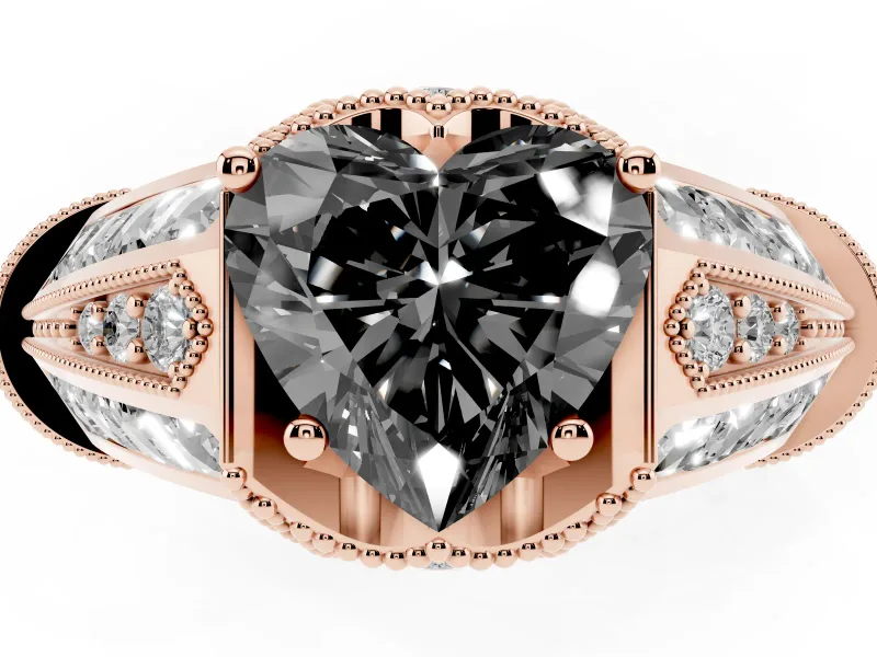 Fancy Black Heart Cut Diamond Vintage-Inspired Milgrain Ring Set in Rose gold with Accent Split Shank