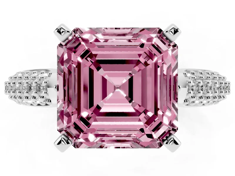 Fancy Pink Asscher Cut Diamond Solitaire Engagement Ring Set in Platinum with Multi-Row Round Pavé Band and Prong Setting
