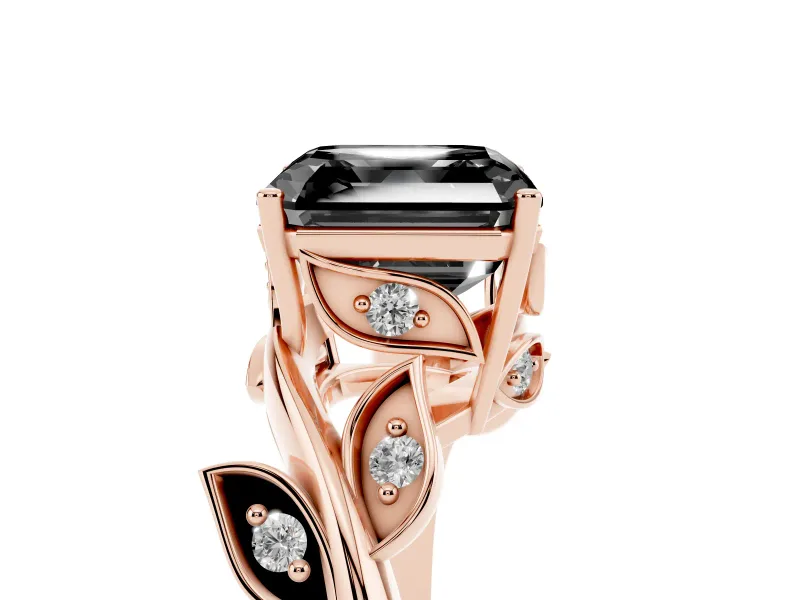 Asscher Cut Twisted Bypass Engagement Ring Setting for a Black Center | Accented Leaves | Rose Gold