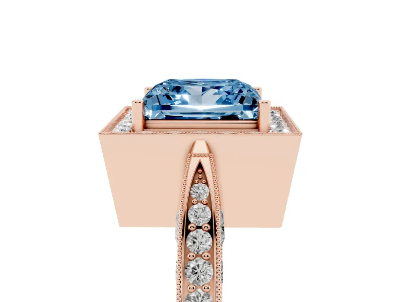 Princess Cut Milgrain Halo Engagement Ring Setting for a Fancy Blue Lab-Grown Diamond | Side Stones | Rose Gold