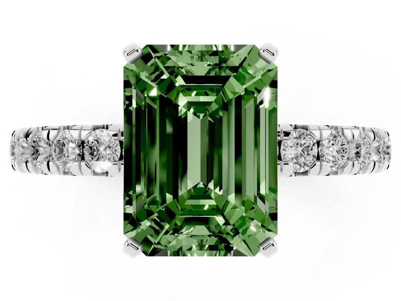 Fancy Green Emerald Cut Diamond Pavé Solitaire Ring Set in Platinum with Round Band and Prong Setting