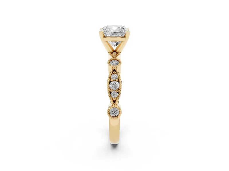 Cushion Cut Diamond Solitaire Engagement Ring Set in Yellow gold with Milgrain Bezel Accent Band