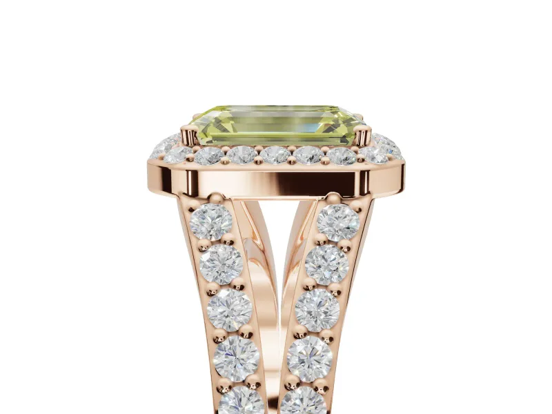Emerald Cut Halo Pavé Engagement Ring Setting for a Fancy Yellow Lab-Grown Diamond | Narrow Split Shank | Rose Gold