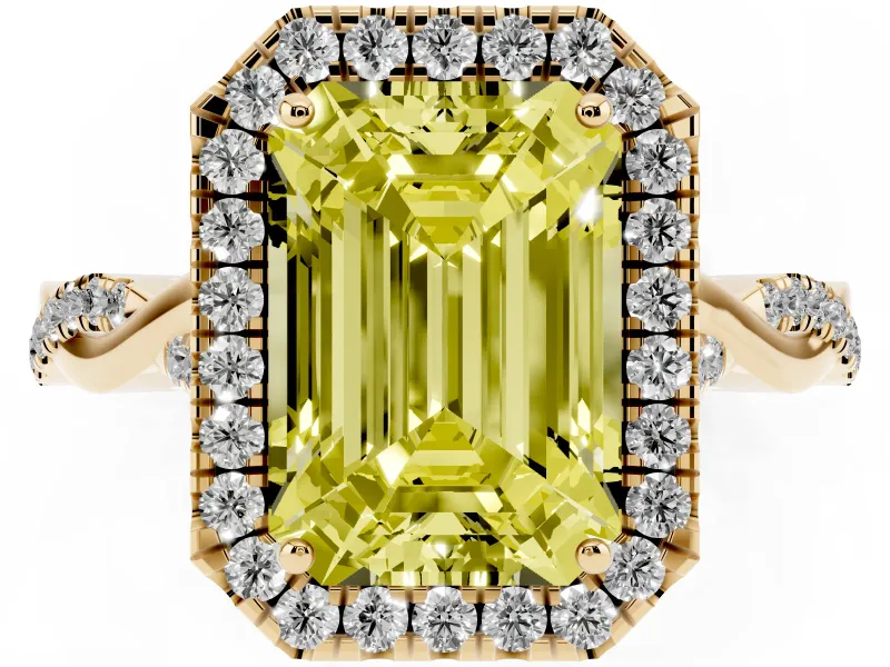 Emerald Cut Twist Halo Engagement Ring Setting for a Fancy Yellow Lab-Grown Diamond | Yellow Gold
