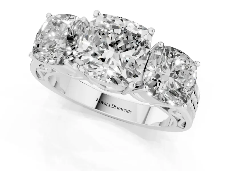 Cushion Cut Three Stone Engagement Ring Setting | Beaded Shoulders | Platinum