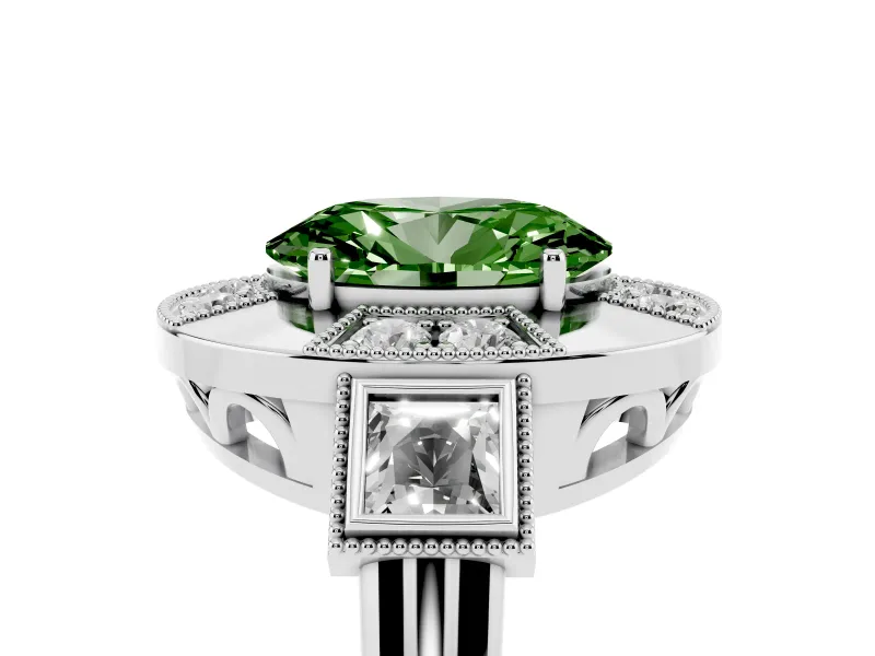 Fancy Green Oval Cut Diamond Milgrain Halo Ring Set in Platinum with Split Shank