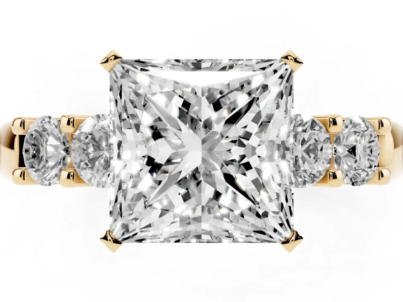 Princess Cut Five Stone Engagement Ring Setting | Prong-Set Side Stones | Yellow Gold