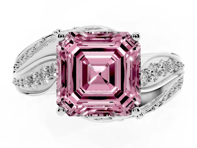 Asscher Cut Bypass Hidden Halo Engagement Ring Setting for a Fancy Pink Lab-Grown Diamond | Graduated Pavé | Platinum