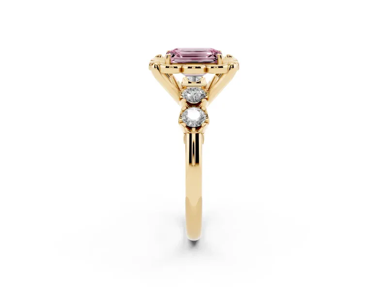 Emerald Cut Floral Engagement Ring Setting for a Fancy Pink Lab-Grown Diamond | Petal Frame | Yellow Gold