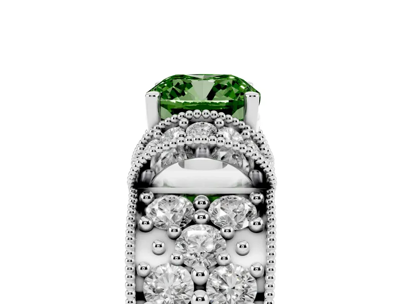 Fancy Green Cushion Cut Diamond Milgrain Halo Pavé Engagement Ring Set in White gold with Prong Setting
