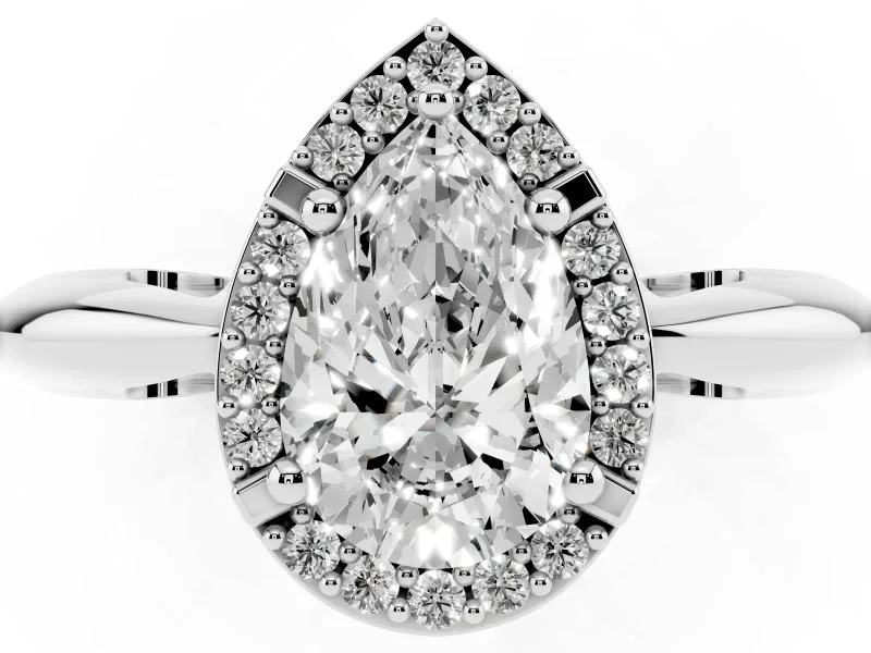 Pear Cut Diamond Halo Engagement Ring Set in Platinum with Plain Split Shank and Prong Setting