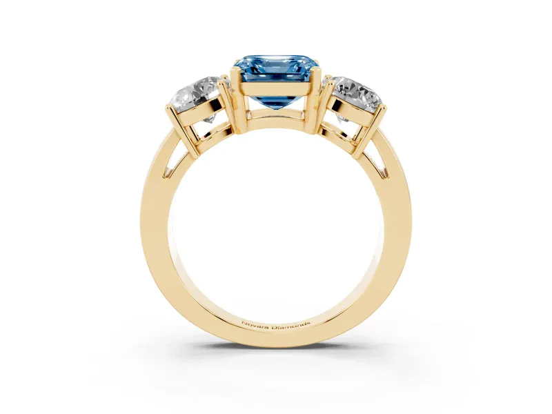 Asscher Cut Three Stone Engagement Ring Setting for a Fancy Blue Lab-Grown Diamond | Wide Plain Band | Yellow Gold