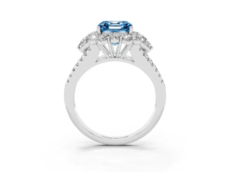 Fancy Blue Asscher Cut Diamond Halo Split Shank Engagement Ring Set in White gold with Prong-Held Center Stone