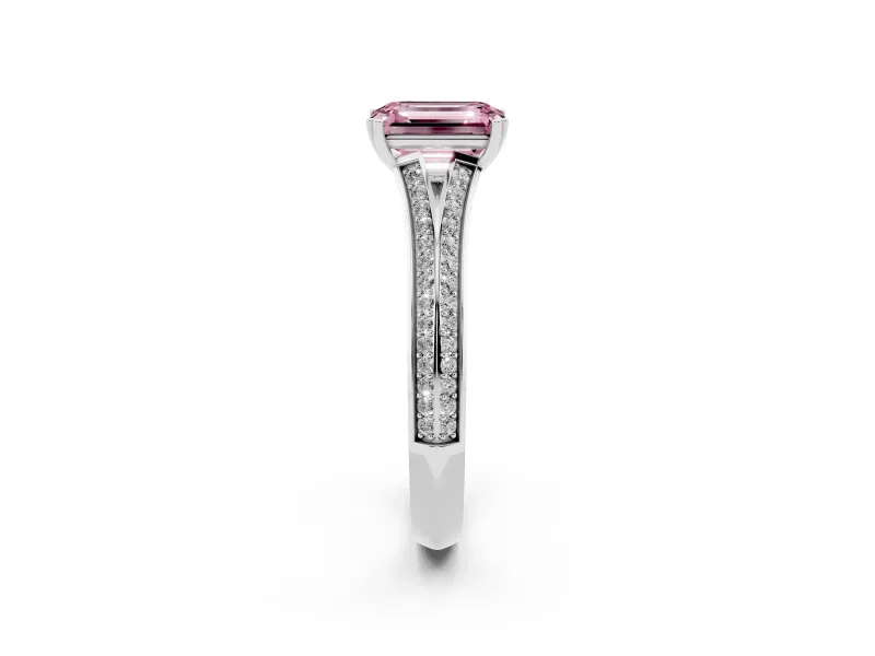 Emerald Cut Pave Split Shank Engagement Ring Setting for a Fancy Pink Lab-Grown Diamond | Double Claw Prongs | Platinum