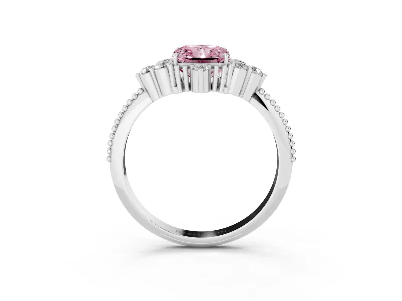 Fancy Pink Radiant Cut Diamond Cluster Ring Set in Platinum with Beaded Band