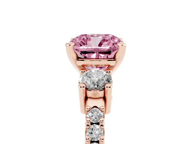 Cushion Cut Three Stone Pavé Engagement Ring Setting for a Fancy Pink Lab-Grown Diamond | Round Side Stones | Rose Gold