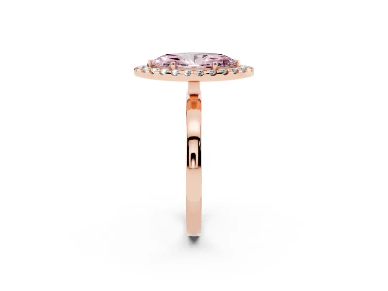Fancy Pink Marquise Cut Diamond Halo Solitaire Ring Set in Rose gold with Pavé Band and Prong Setting