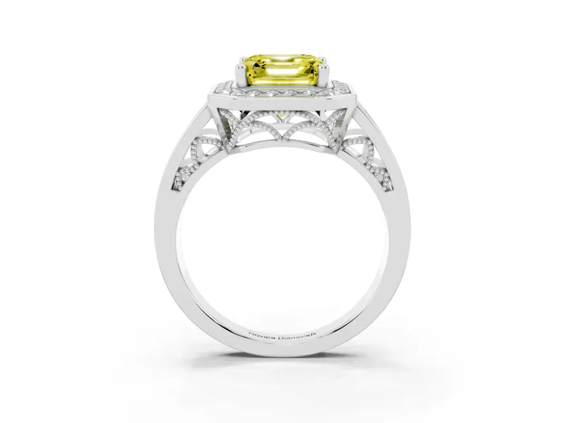 Asscher Cut Halo Engagement Ring Setting for a Fancy Yellow Lab-Grown Diamond | Channel-Set Split Shank | Platinum
