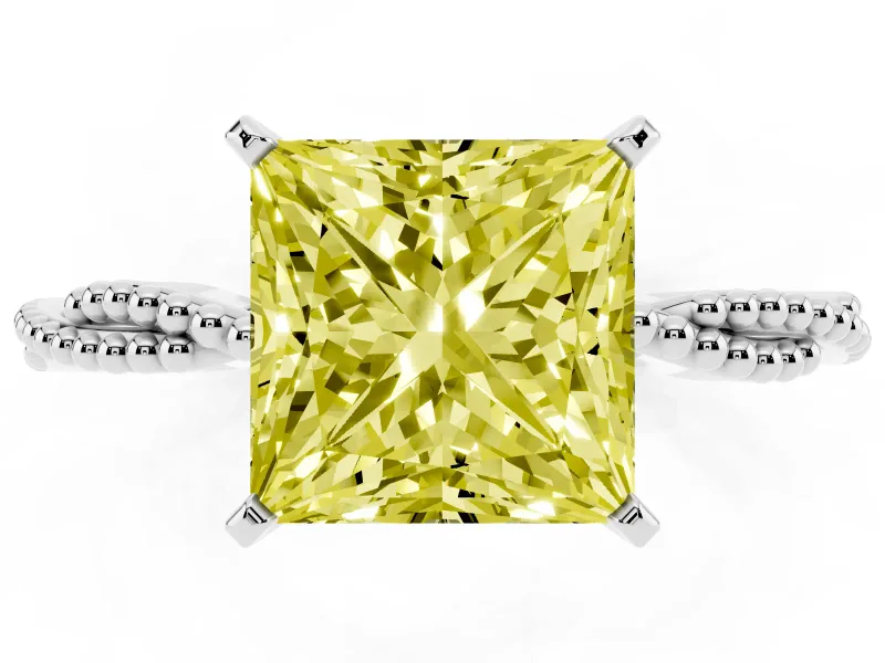 Fancy Yellow Princess Cut Diamond Solitaire Ring Set in Silver with Twisted Band and Bead Prong Setting