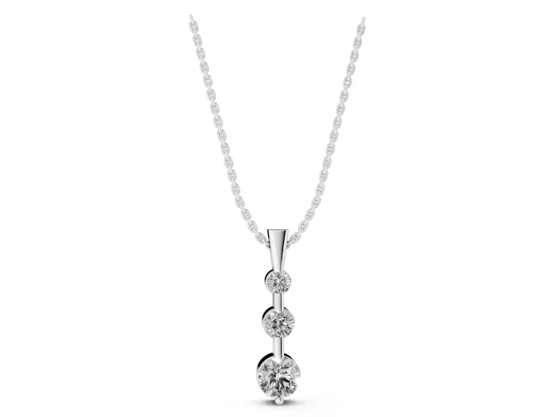 Round Lab-Grown Diamond Graduated Three-Stone Bar Pendant Necklace | Tapered Bail | White Gold