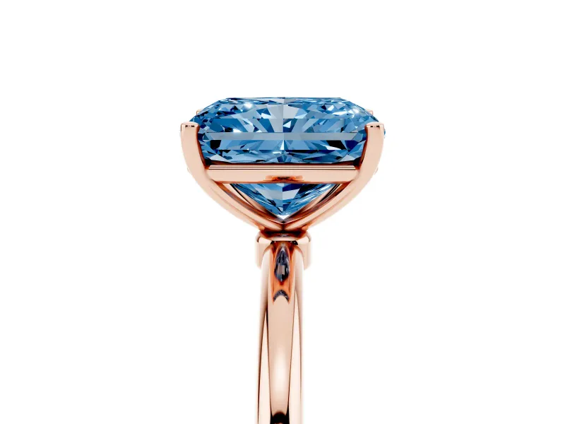 Fancy Blue Radiant Cut Diamond Solitaire Engagement Ring Set in Rose gold with Thin Band and Prong Setting