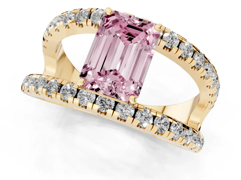 Emerald Cut Split Shank Pavé Engagement Ring Setting for a Fancy Pink Lab-Grown Diamond | Yellow Gold