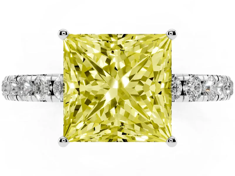 Princess Cut Pave Engagement Ring Setting for a Fancy Yellow Lab-Grown Diamond | Shared Prong Band | Sterling Silver