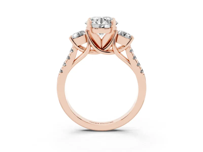 Three-Stone Round Cut Diamond Pavé Band Ring Set in Rose gold with Prong-Set Trio