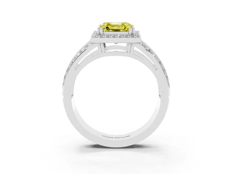 Asscher Cut Halo Engagement Ring Setting for a Fancy Yellow Lab-Grown Diamond | Two-Row Pave Split Shank | Platinum