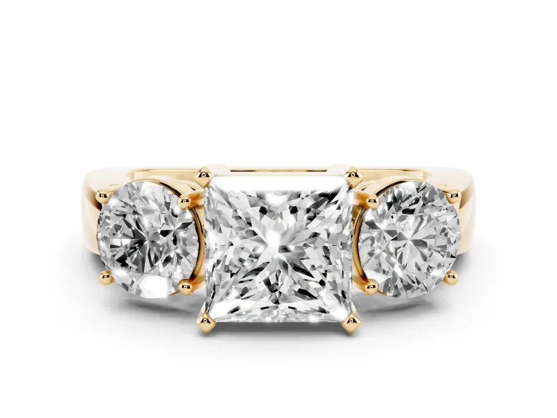 Princess Cut Diamond Three-Stone Ring Set in Yellow gold with Round Side Stones and Classic Band