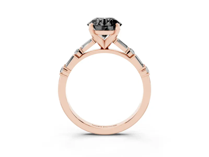 Fancy Black Round Cut Diamond Solitaire Set in Rose gold with Side Baguettes and Channel Set Band