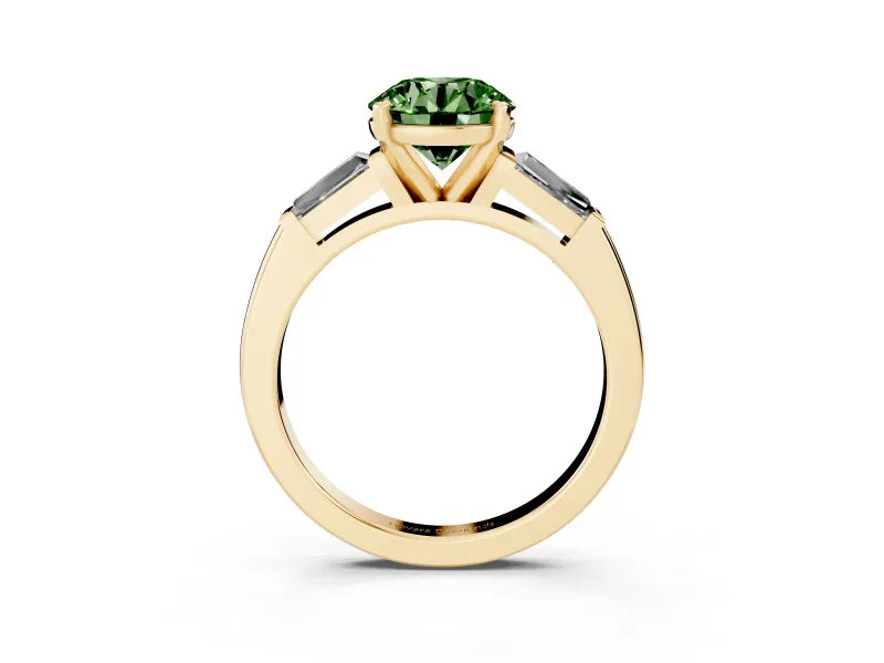 Fancy Green Round Cut Diamond Solitaire Ring Set in Yellow gold with Tapered Baguette Side Stones and Prong Setting