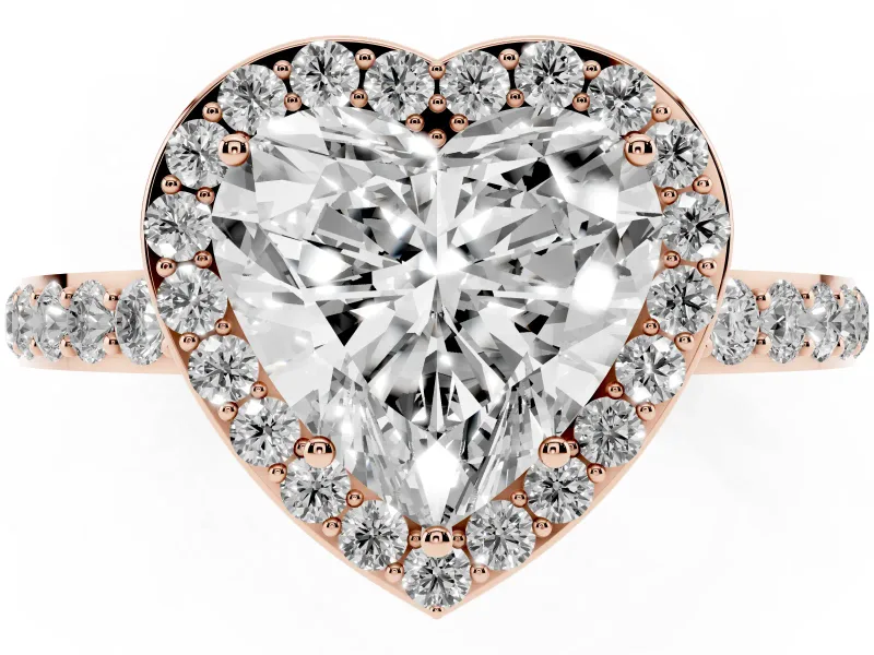 Heart Cut Diamond Halo Ring Set in Rose gold with Pavé-Setting Band and Open Prong Center