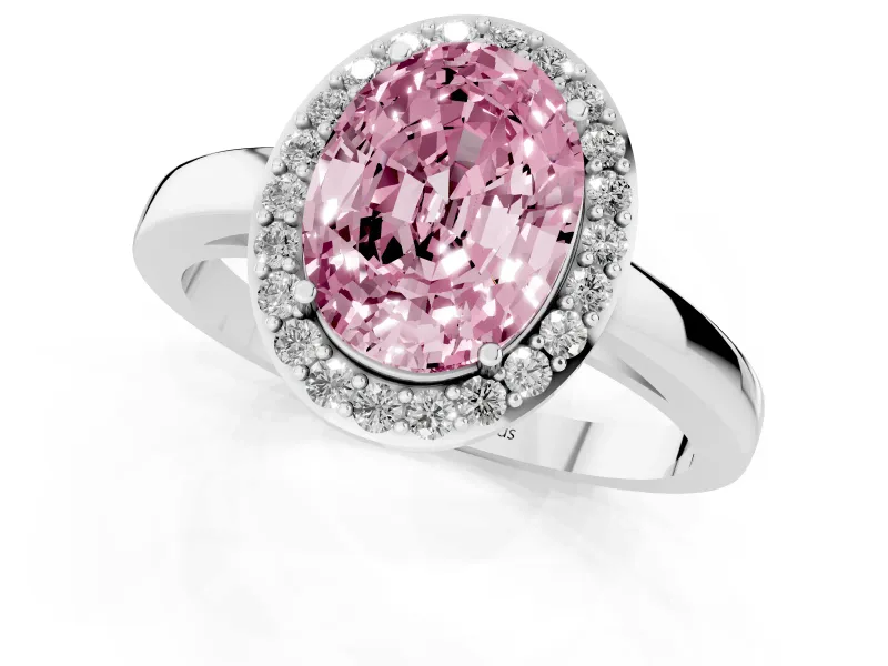 Fancy Pink Oval Cut Diamond Halo Ring Set in Silver with Solitaire Band and Prong Setting
